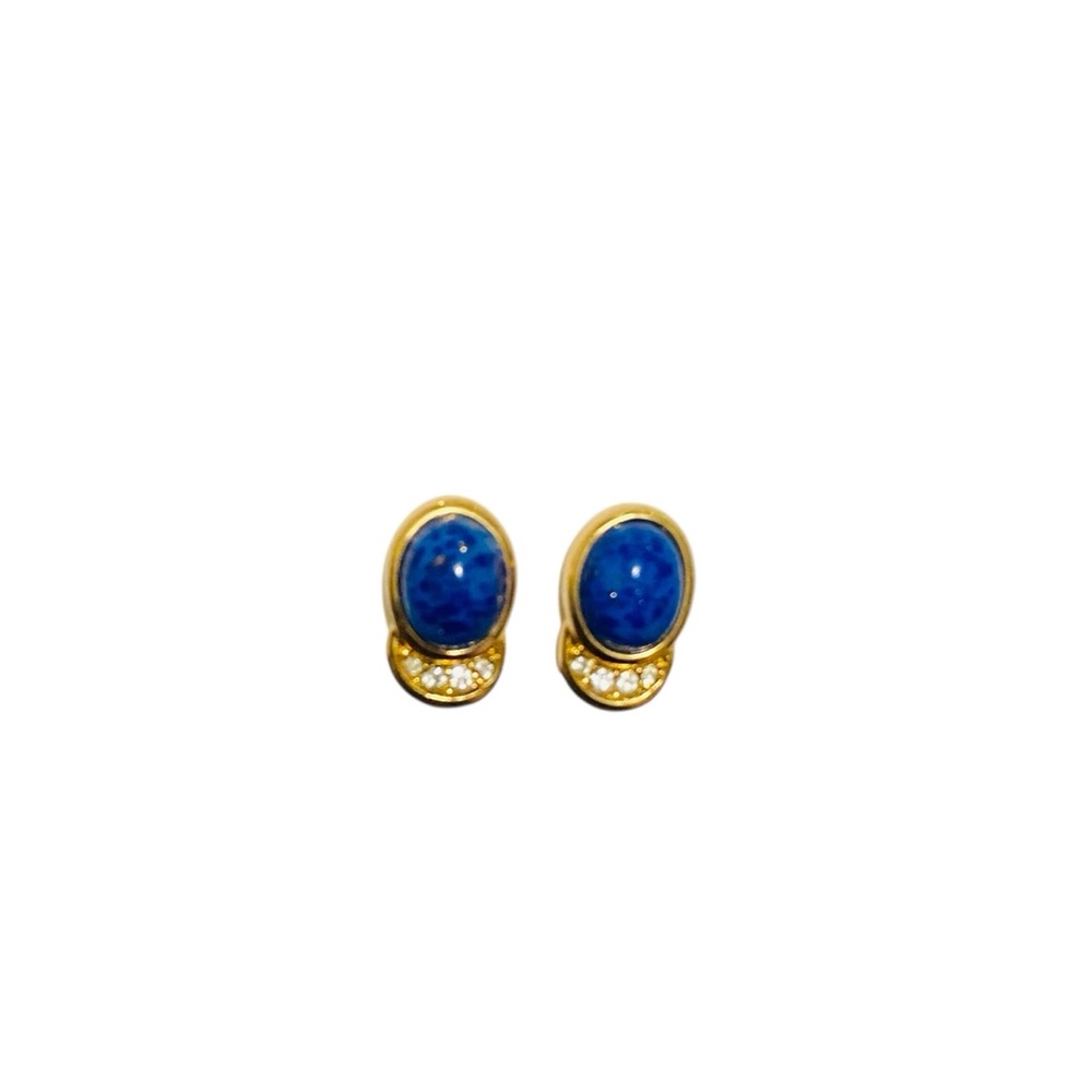 DIOR Clip On Earrings Gold Plated Christian Dior Vintage Jewelry Lapis Lazuli